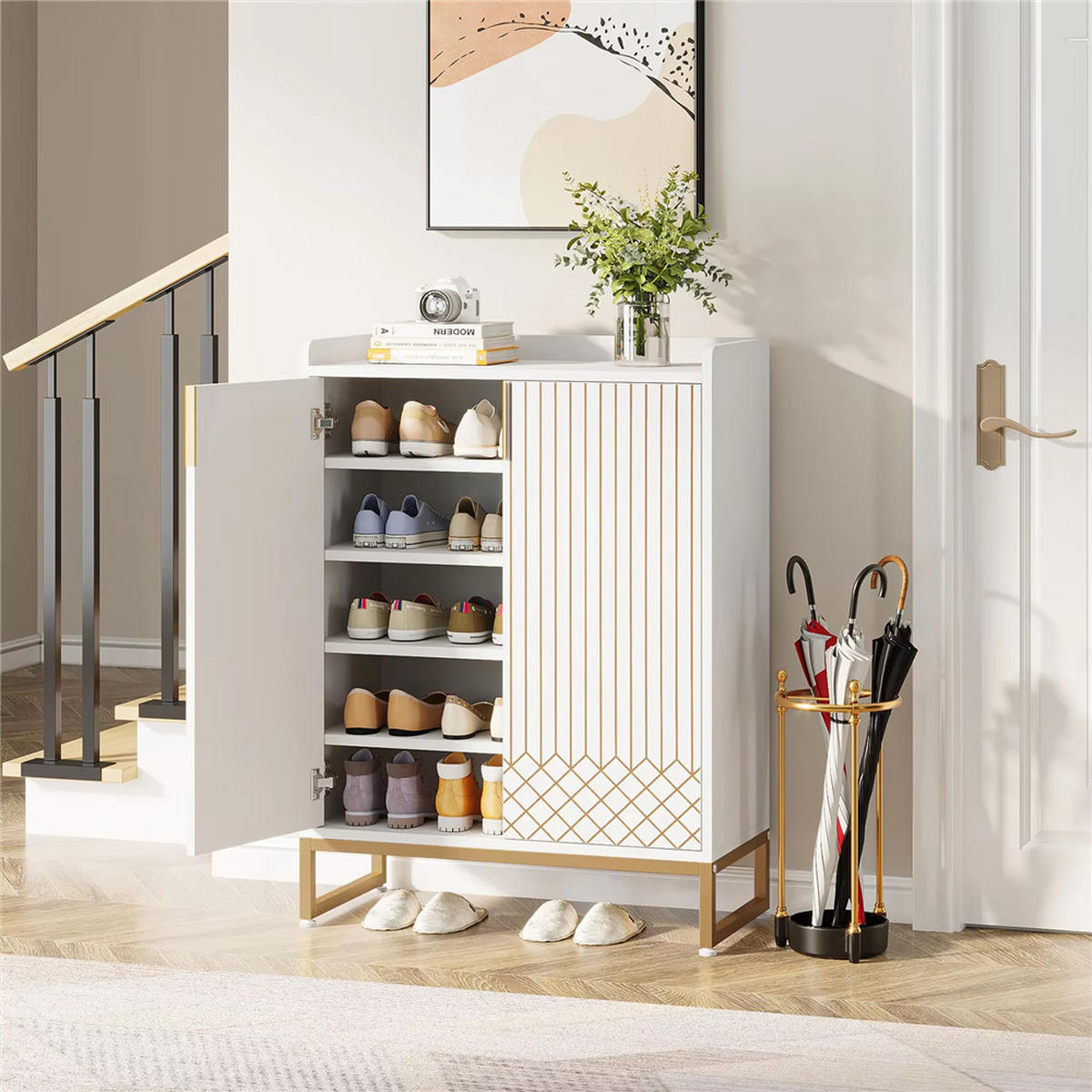 SCHUHSCHRANK Weiß mit Türen 5-stufig Holz - Weiß, Holz (75/105/35cm) - Kaket