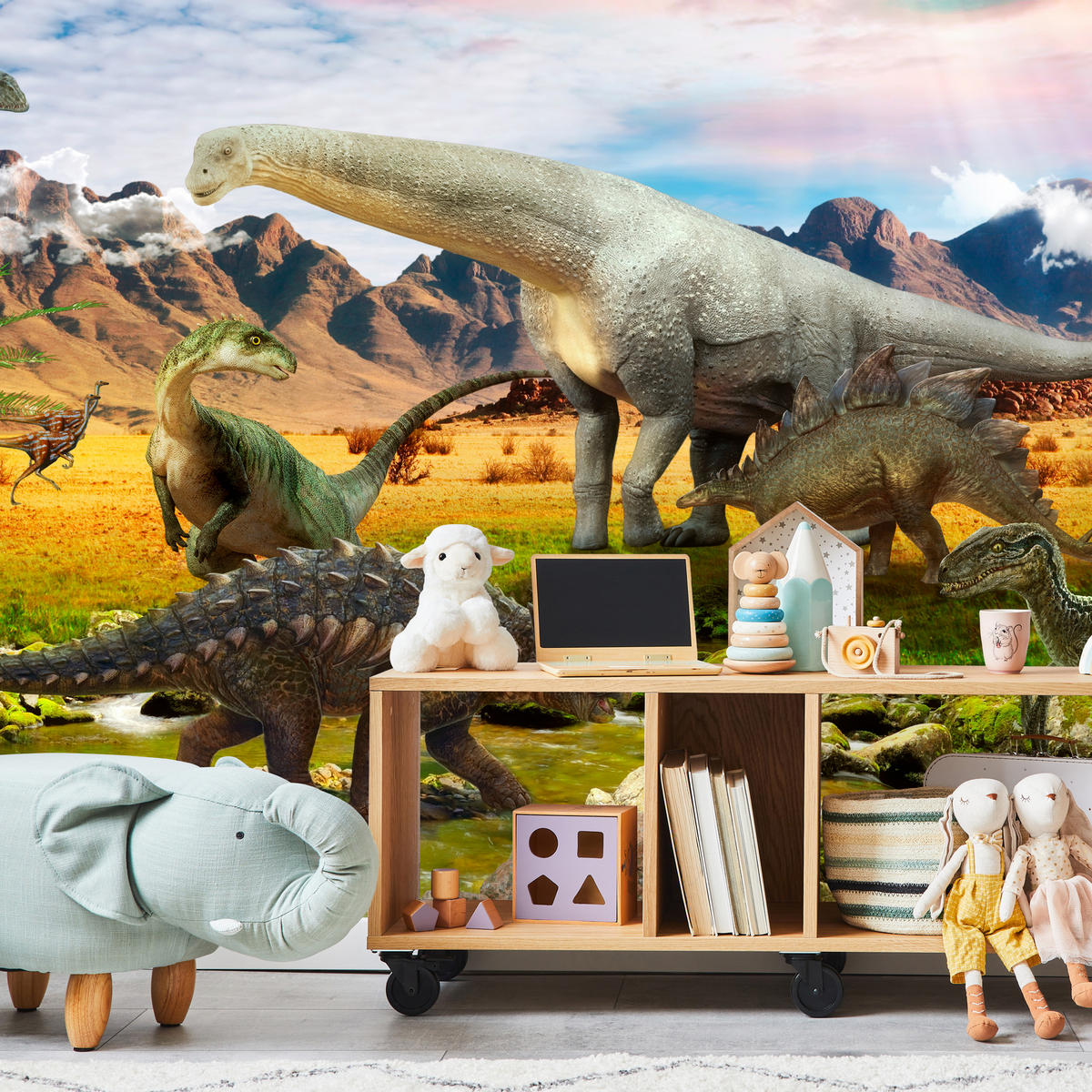 FOTOTAPETE für Kinderzimmer Dinosaurier Berge aus Felsen Bäume 350x256 - Multicolor, Papier (350/256cm) - Muralo