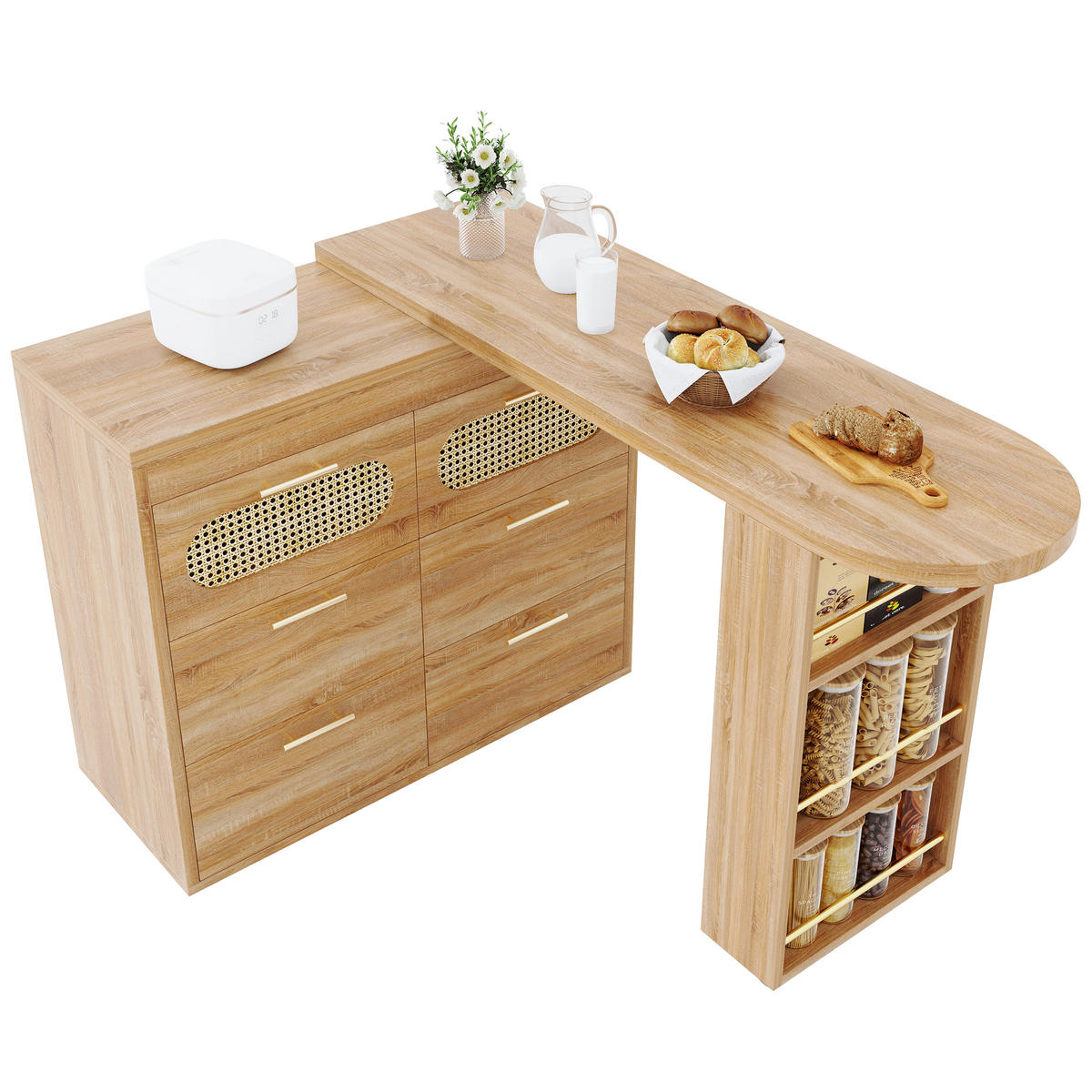 BARTISCH 128-203/39/90 cm in Natur mit 360° Drehfunktion & 6 Schubladen - Naturfarben, Holzwerkstoff (39/203/90cm) - BEAOK