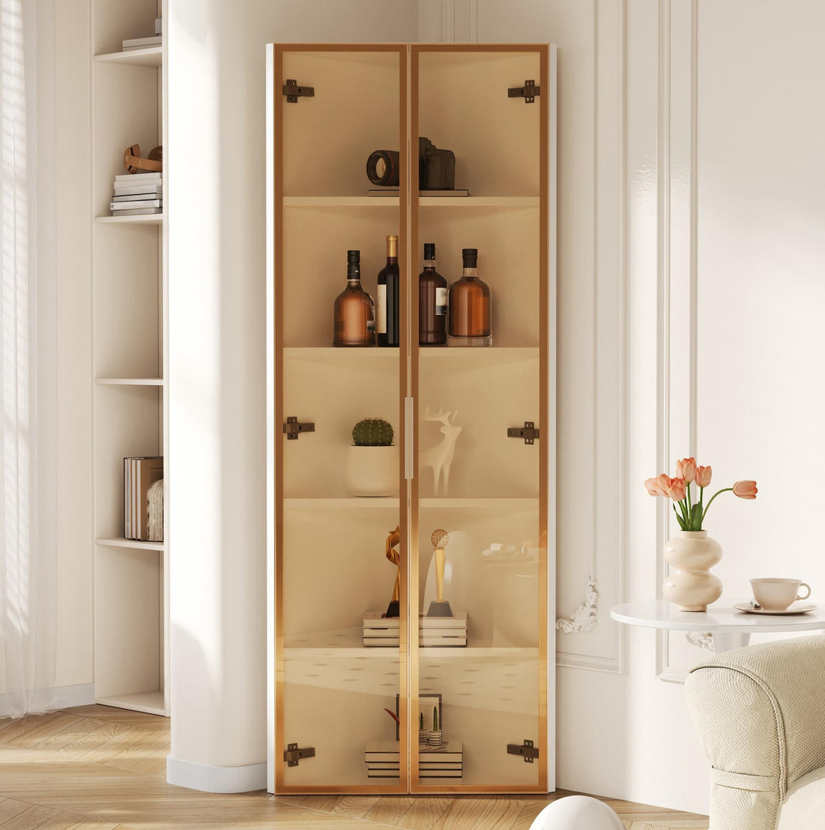 HIGHBOARD 62/35/160 cm in Weiß mit LED-Beleuchtung und Sicherheitsglas - Weiß, Holzwerkstoff (62/160/35cm) - Flora Grace