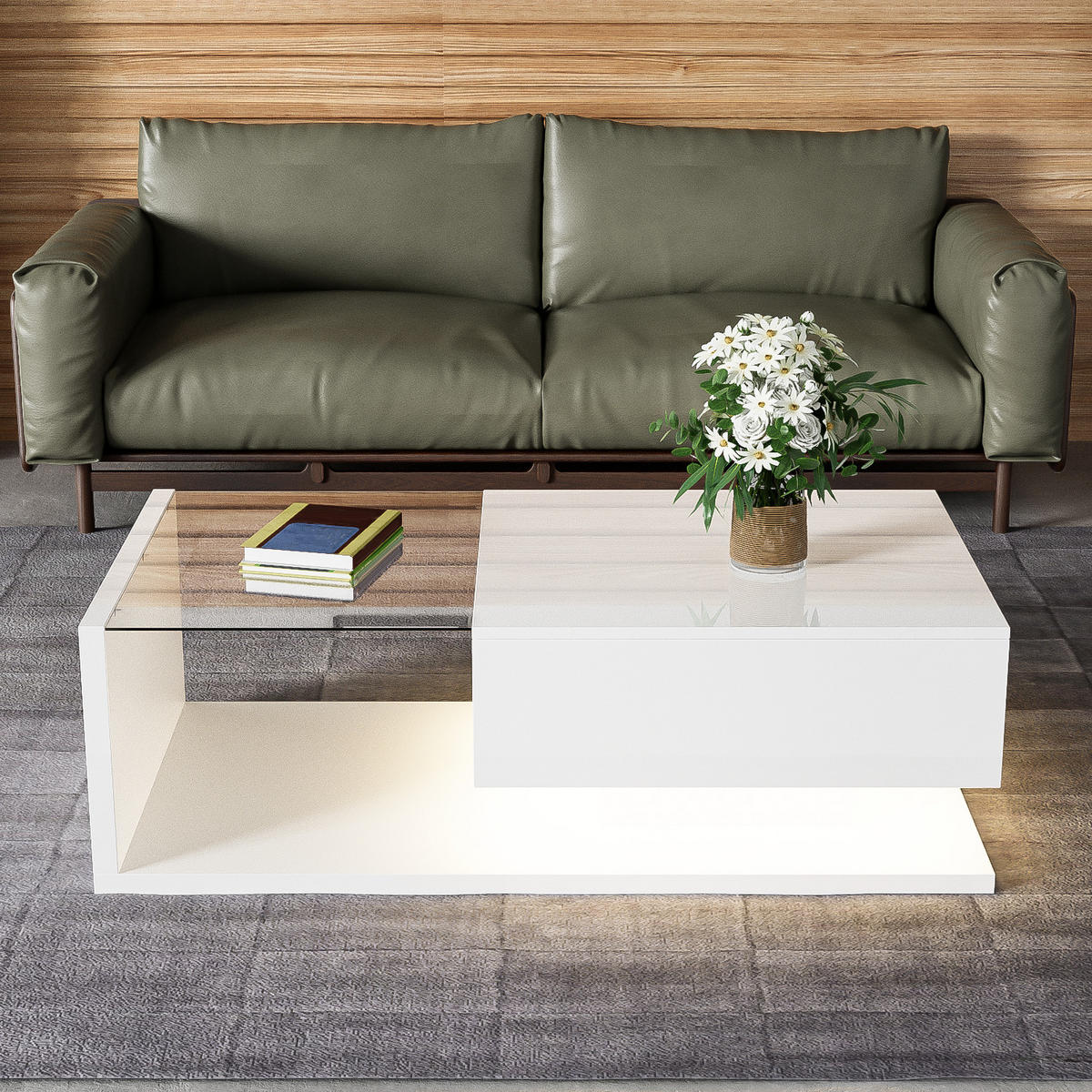 COUCHTISCH, Hochglanz-Weiß mit gehärtetem Glas und 16‑farbiger dimmbarer LED, 105/55/32,5 cm,Weiß - Weiß, Holzwerkstoff (105/55/32.5cm) - Redom