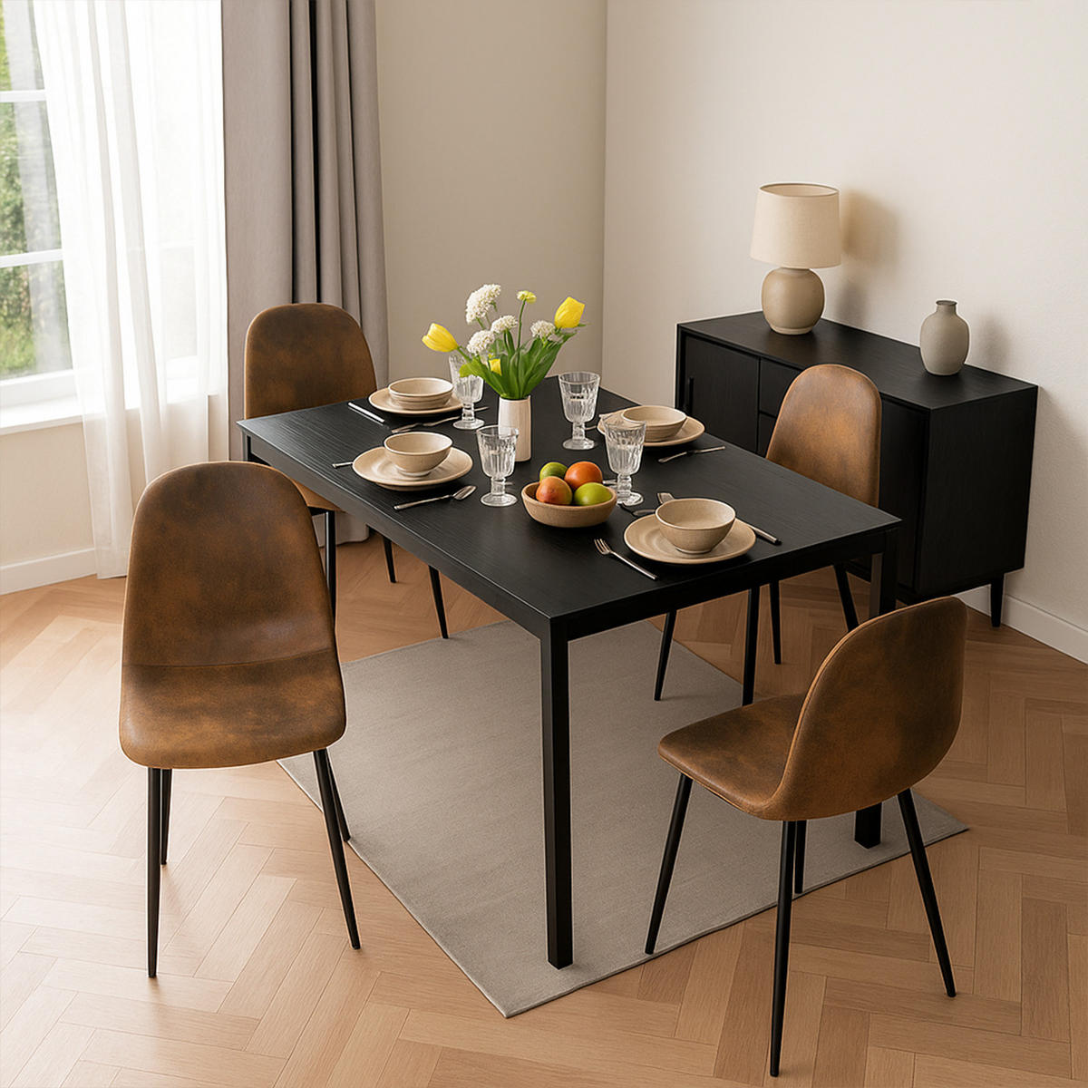 ESSTISCH-SET mit ausziehbarem Tisch und 4 Stühlen in Wildlederoptik, Schwarz - Multicolor, Textil (43/102/35cm) - Meubles Cosy