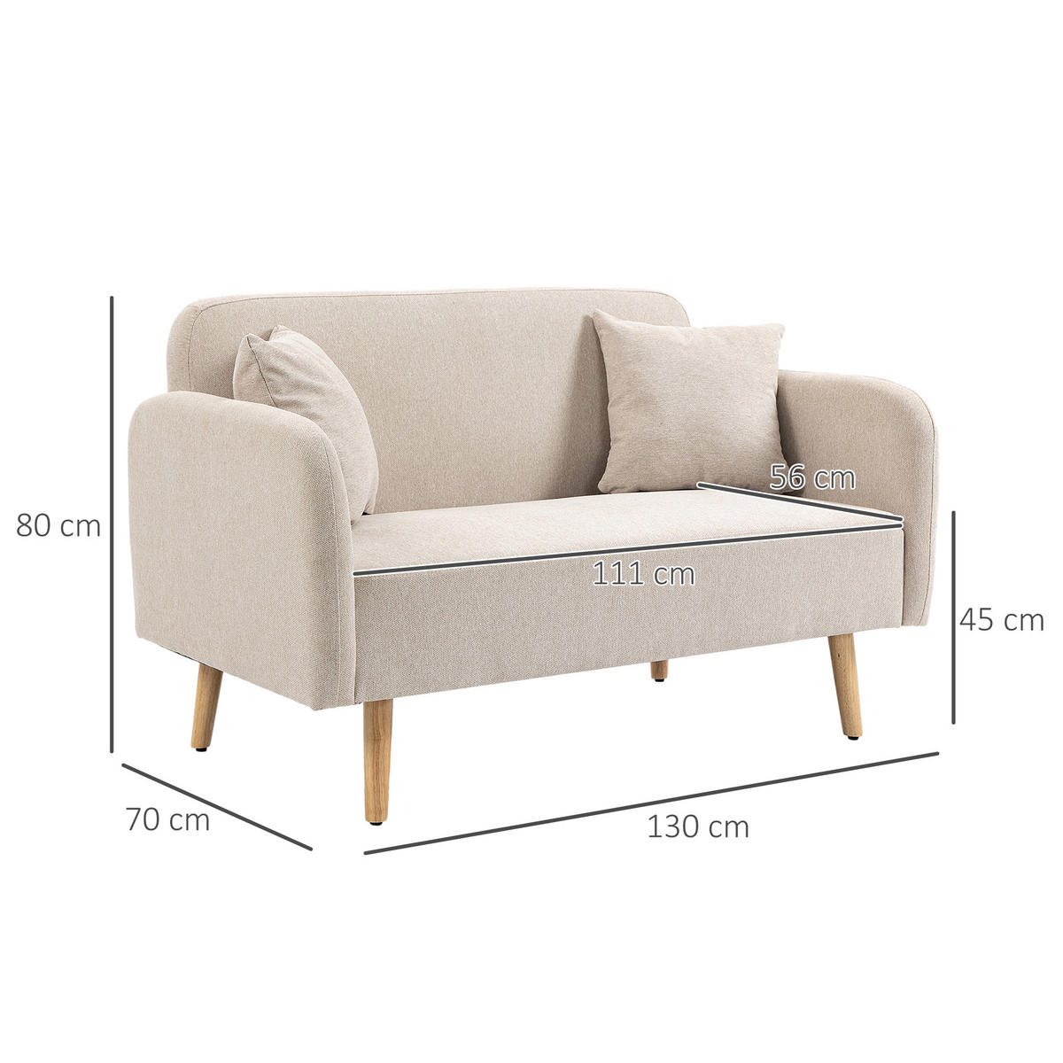 SOFA 2-Sitzer, Gummiholz, Samt Cremeweiß - Creme, Holz (70/80/130cm) - HOMCOM