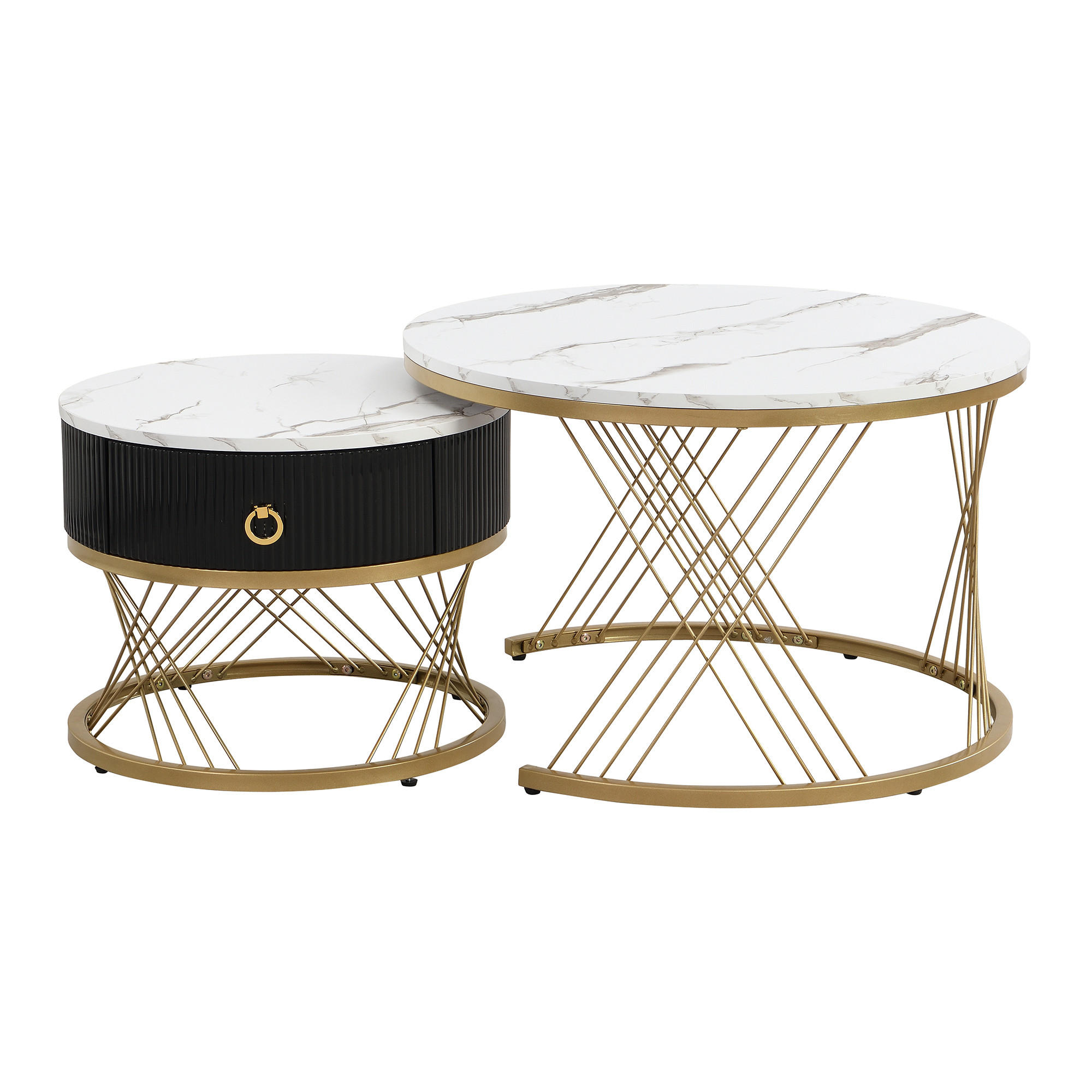 COUCHTISCH-SET Schwarz Gold mit Schublade und Akzenten - Weiß, Metall (70/70/45cm)
