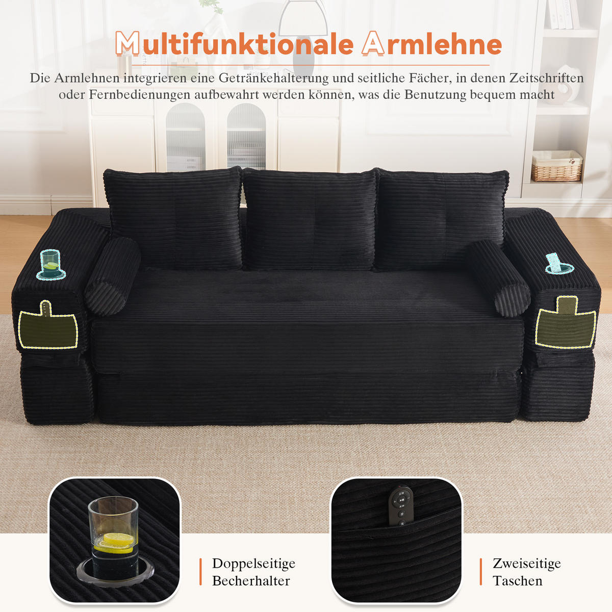 SCHLAFSOFA, 2-in-1 Klappsofa mit Getränkehalter, Modulares Bodensofa Cordstoff, Schwarz - Schwarz, Textil (232/80/98cm) - LVHOM