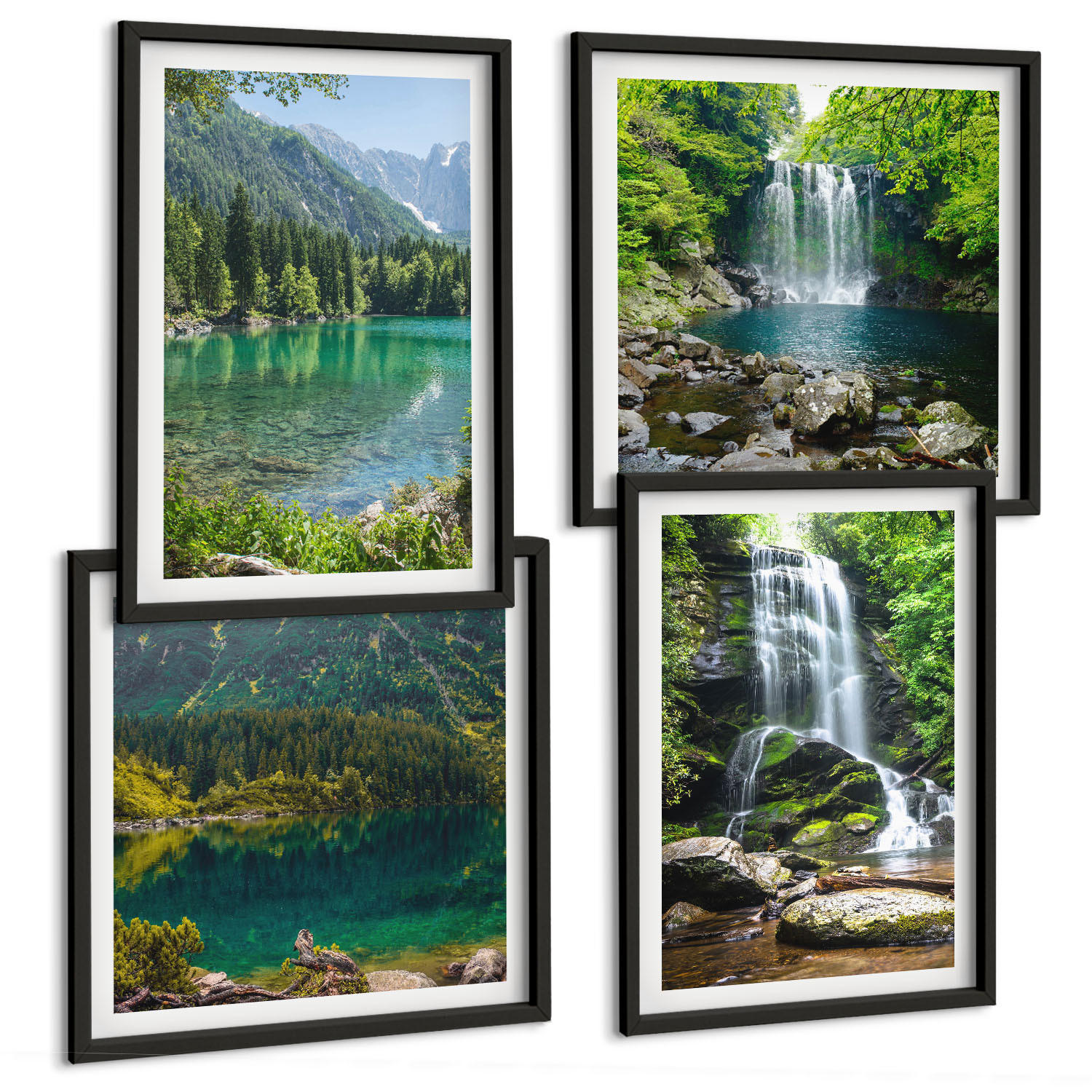 BILDER SET 4er Set - 50x50 cm & 40x60 cm Schwarzer Rahmen - Wasserfälle in grüner Umgebung - Schwarz, Kunststoff (50/50cm) - TULUP