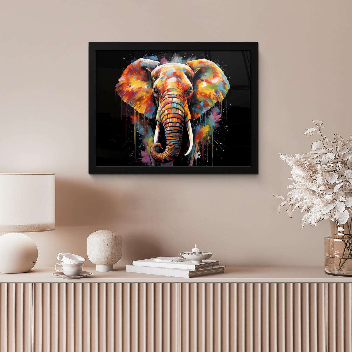 POSTER MIT RAHMEN Elefant - Graffiti - Schwarz - Tiere - Farben 40x30 cm - Schwarz, Papier (40/30cm) - MuchoWow