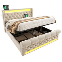 POLSTERBETT 160x200cm Doppelbett LED USB-C & Hydraulik Stauraum Beige Samt - Beige, Holz (160/200cm) - FLIEKS