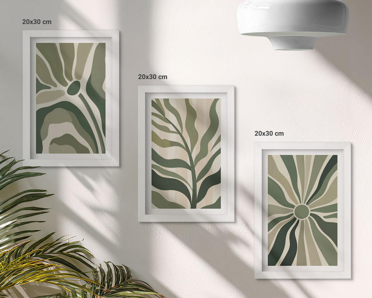 WANDBILDER 3er-Set - 20x30 cm Weißer Rahmen - Grüne und beige Pflanzenmuster - Weiß, Kunststoff (20/30cm) - ArtPrintCave