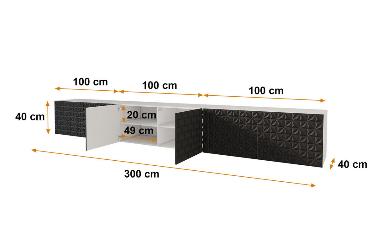 LOWBOARD VIRA-W 3x100x40x40 cm - Weiß / Schwarz - Schwarz, Holzwerkstoff (300/40/40cm) - ALTDECOR