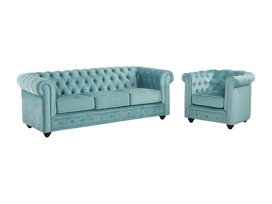 COUCHGARNITUR 3+1 - Samt - Hellblau - CHESTERFIELD - Hellblau, Textil (205/72/88cm) - Vente-Unique