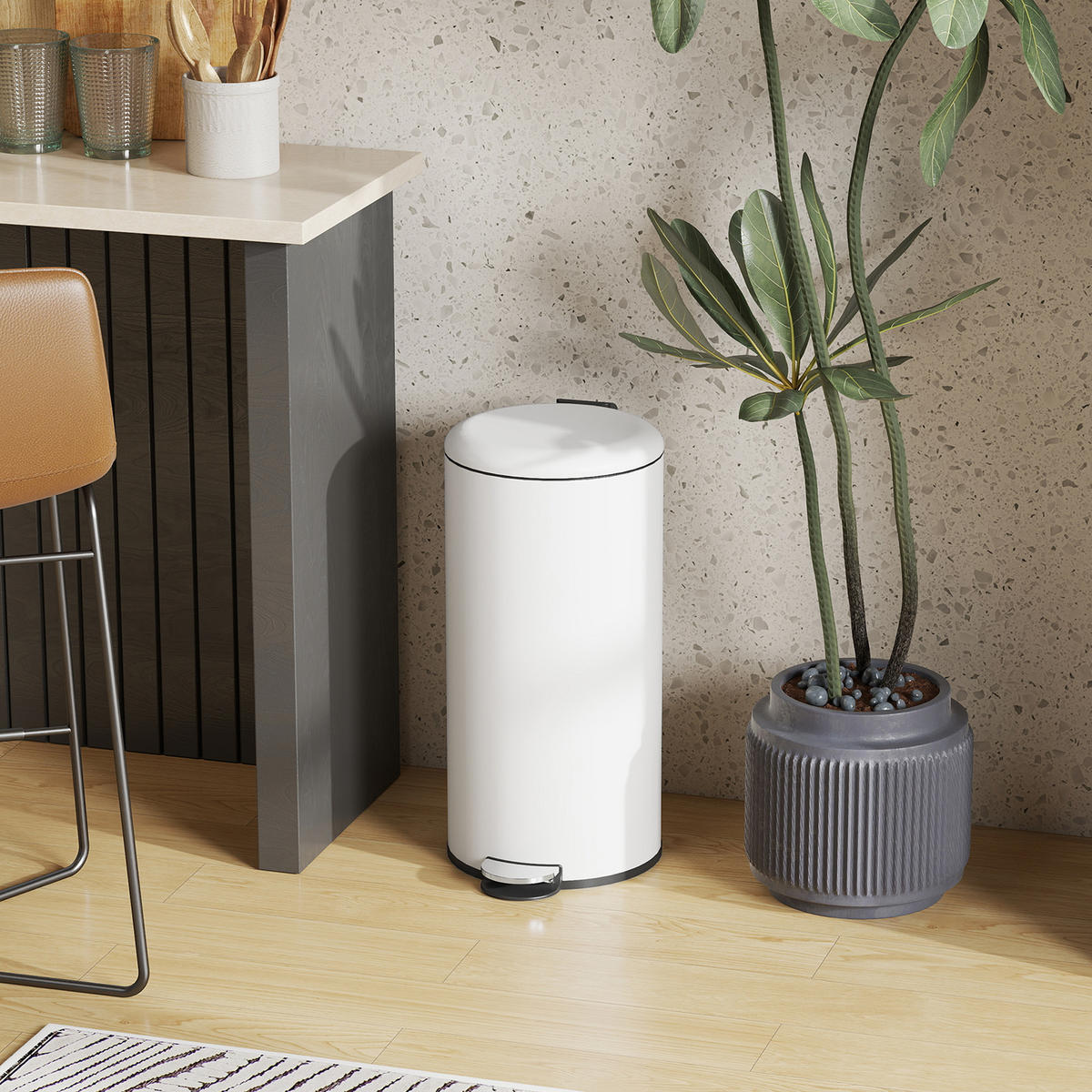 MÜLLEIMER 30L Treteimer mit Deckel Fußpedal Inneneimer, Wohnzimmer Büro Metall - Weiß, Kunststoff (30/63.5/36cm) - HOMCOM