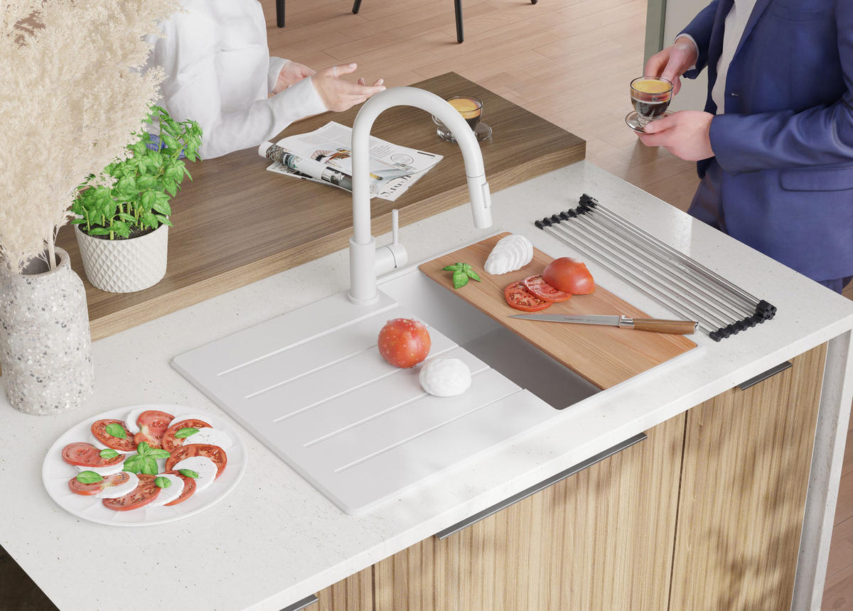 SPÜLBECKEN Kopenhagen, 2-er set Weiß 70/50 cm 1 Becken + Ablauf-Set + Schneidebrett ab 40er Unterschrank - Chromfarben/Beige, Kunststoff (70/20/50cm) - Primagran