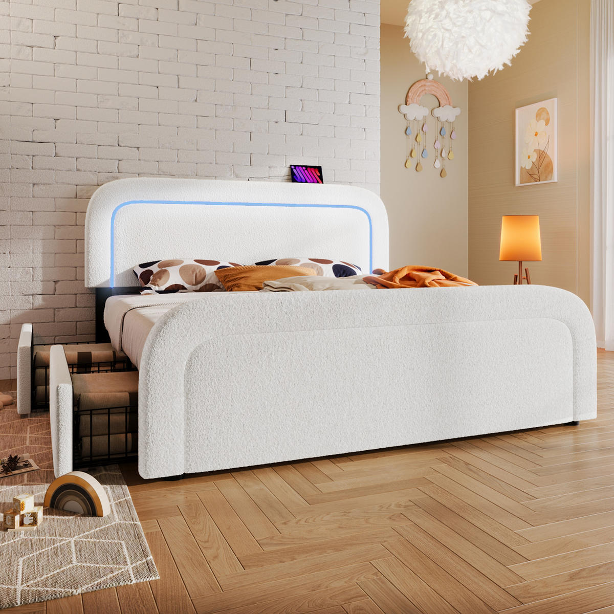 POLSTERBETT 140/200 cm Weiß mit USB Typ C Ladefunktion LED-Beleuchtung und 2 Schubladen - Weiß, Textil (140/200cm) - Oxeza