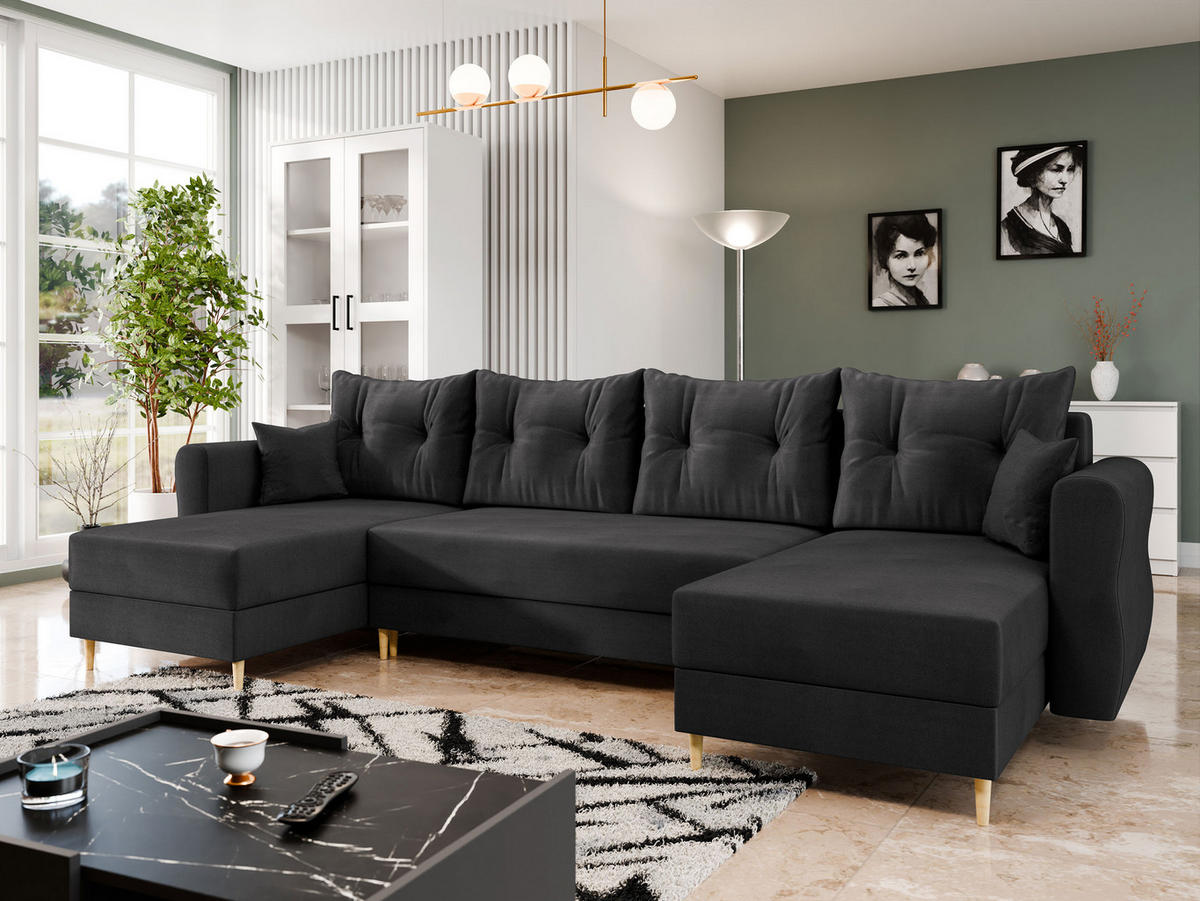WOHNLANDSCHAFT Zako U - Schwarz/Naturfarben, Holz/Textil (310/85/138cm) - MIRJAN24