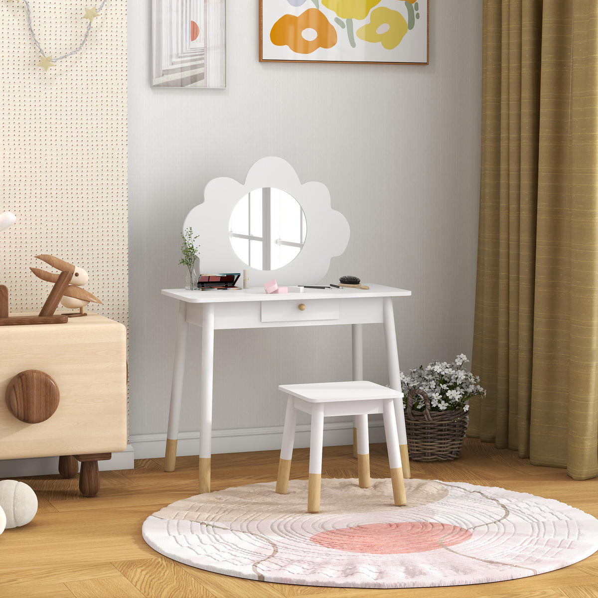 KINDERSCHMINKTISCH DE-18639 mit Spiegel in Wolkenform Weiß - Weiß, Holzwerkstoff (34/95/70cm) - ComfortXL