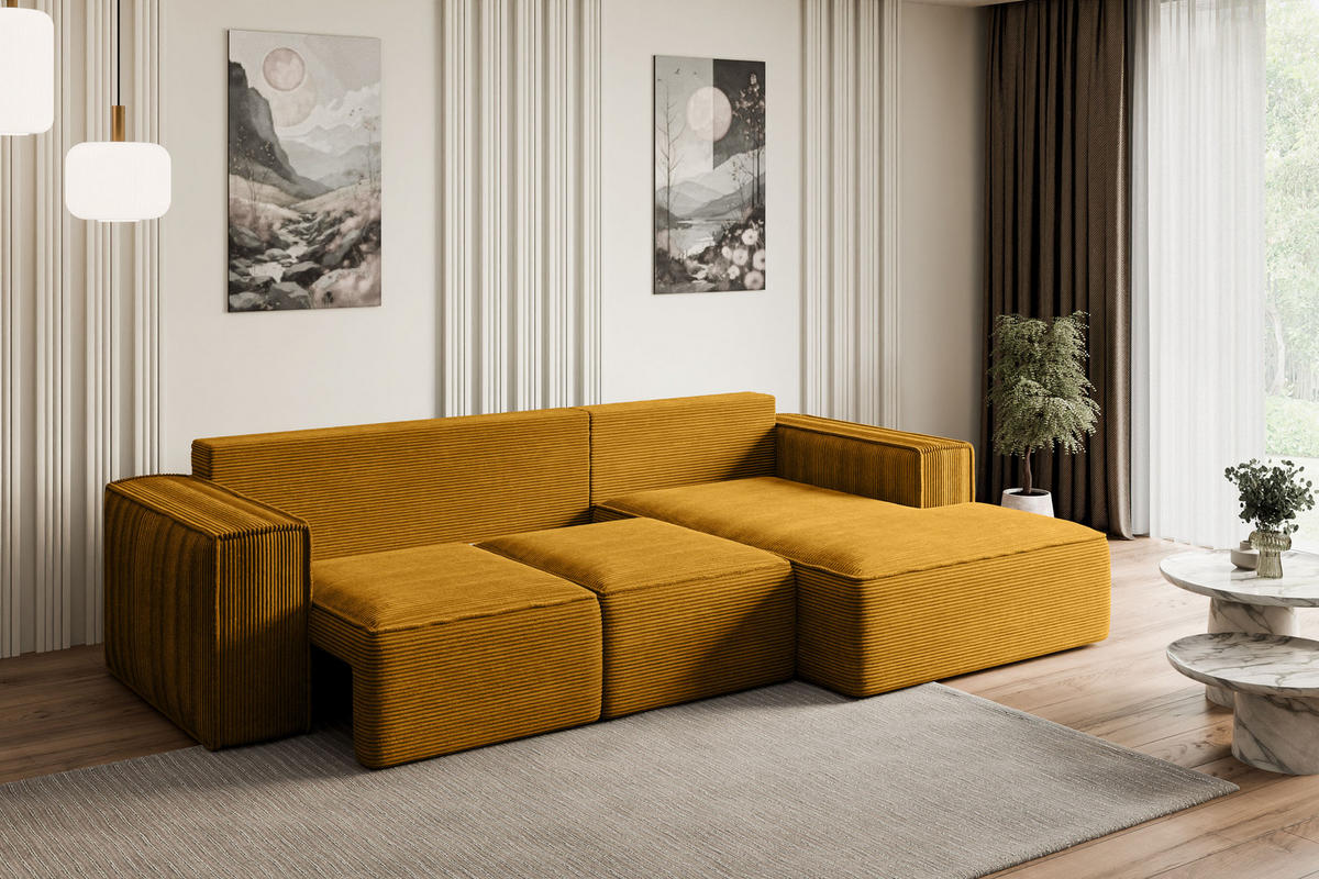ECKSOFA mit Schlaffunktion und Bettkasten SERRA-L-S - 266x161x87 cm Senfgelb Cord - Currygelb/Schwarz, Holzwerkstoff/Kunststoff (266/161cm) - ALTDECOR