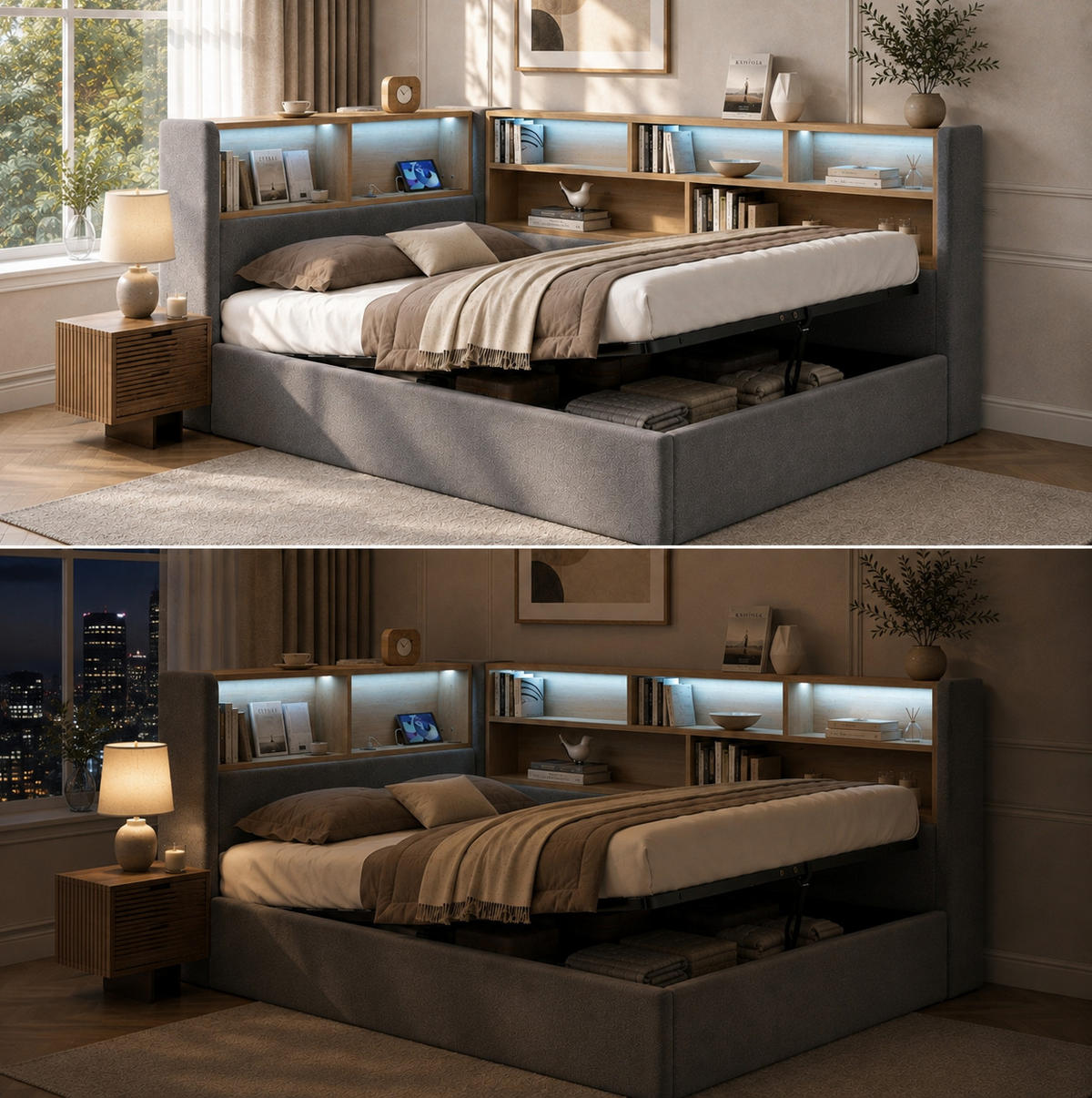TAGESBETT aus Samt 140x190 cm Grau mit hydraulischem Stauraum, LED-Beleuchtung und USB-C-Anschluss - Grau, Textil (140/190cm) - Modfu