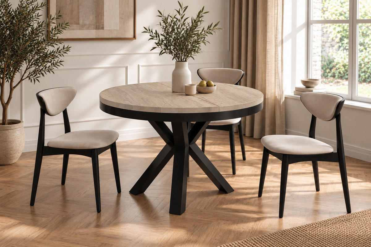 ESSTISCH Clara runder ausziehbarer, Eiche Sonoma Hellbraun 100-180/100/76 cm - Schwarz/Braun, Holzwerkstoff/Metall (100/180/76cm) - WFL GROUP