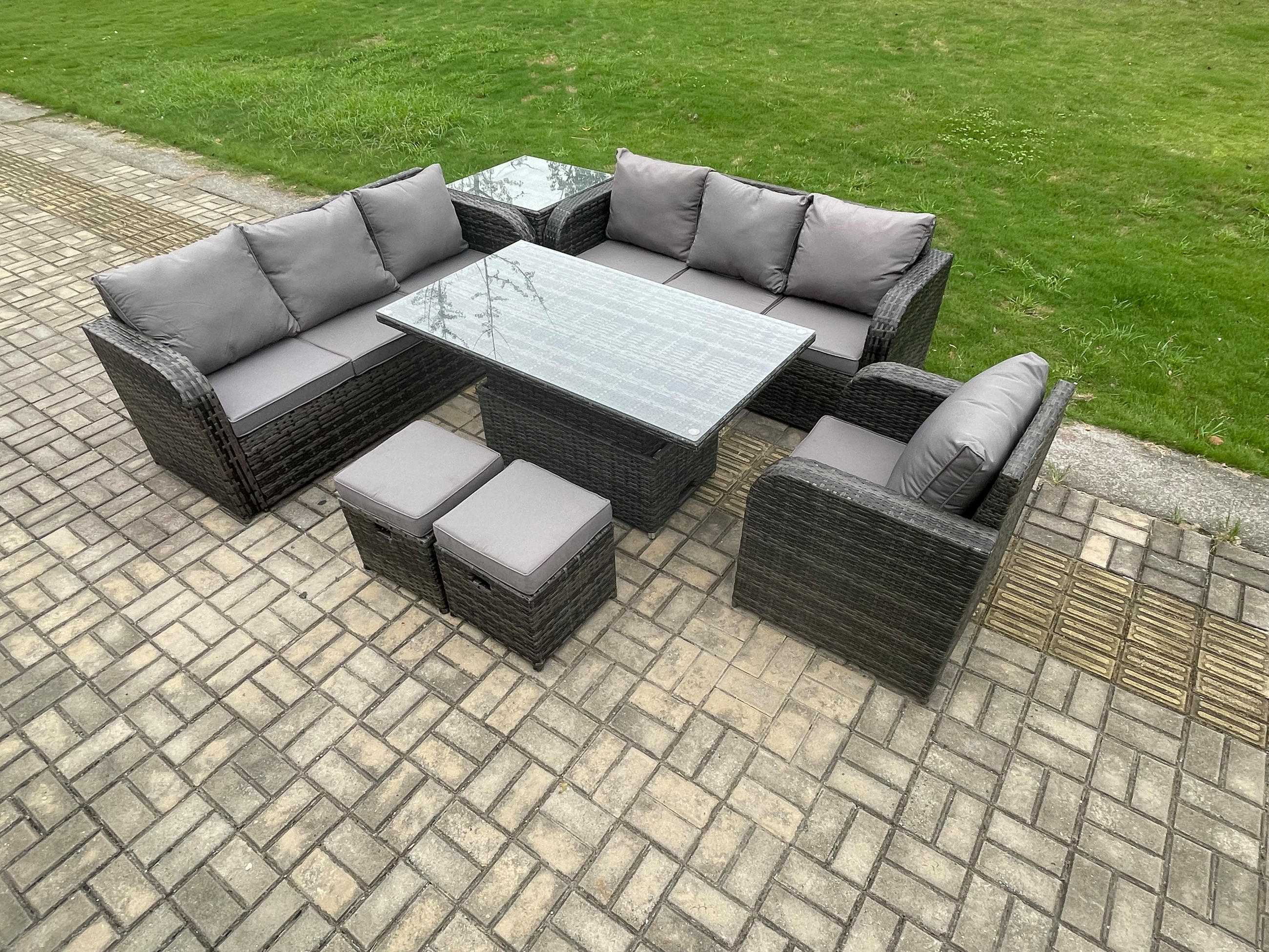 GARTENMÖBELSET mit Höhenverstellbarer Esstisch Polyrattan 9-Sitzer Grau - Dunkelgrau/Grau, Glas/Kunststoff - Fimous