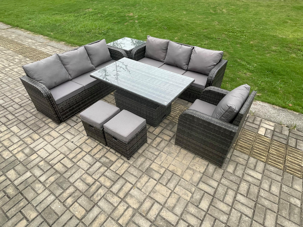 GARTENMÖBELSET mit Höhenverstellbarer Esstisch Polyrattan 9-Sitzer Grau - Dunkelgrau/Grau, Glas/Kunststoff - Fimous