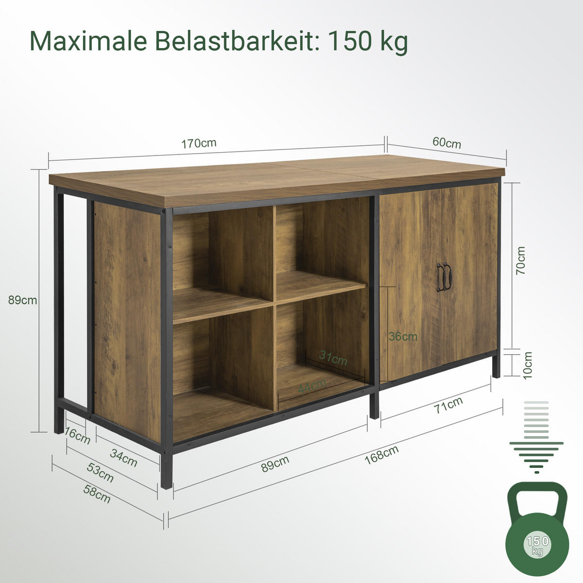 KÜCHENINSEL im Industrie-Design 170x89x60cm - Schwarz/Braun, Holzwerkstoff/Metall (170/89/60cm) - SoBuy