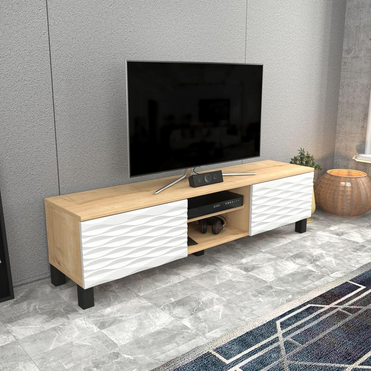 TV-ELEMENT Lukas Saphire Oake Weiß - Eichefarben, Holzwerkstoff (150/40.3/35cm) - Decorotika