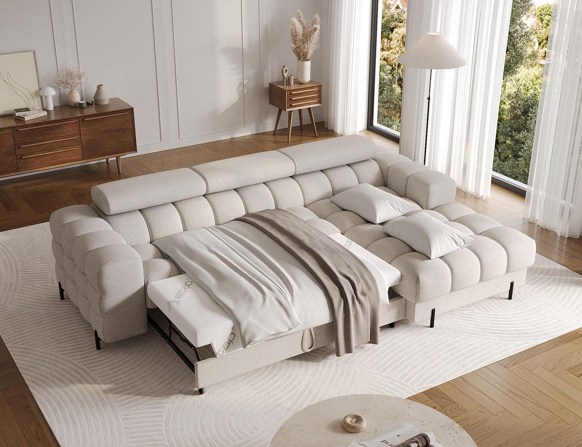 ECKSOFA FELRO mit Schlaffunktion, Bettkasten & verstellbaren Kopfstützen – Modernes Premium-Ecksofa in L-Form - Beige, Kunststoff (181/285cm) - Wohnideebilder