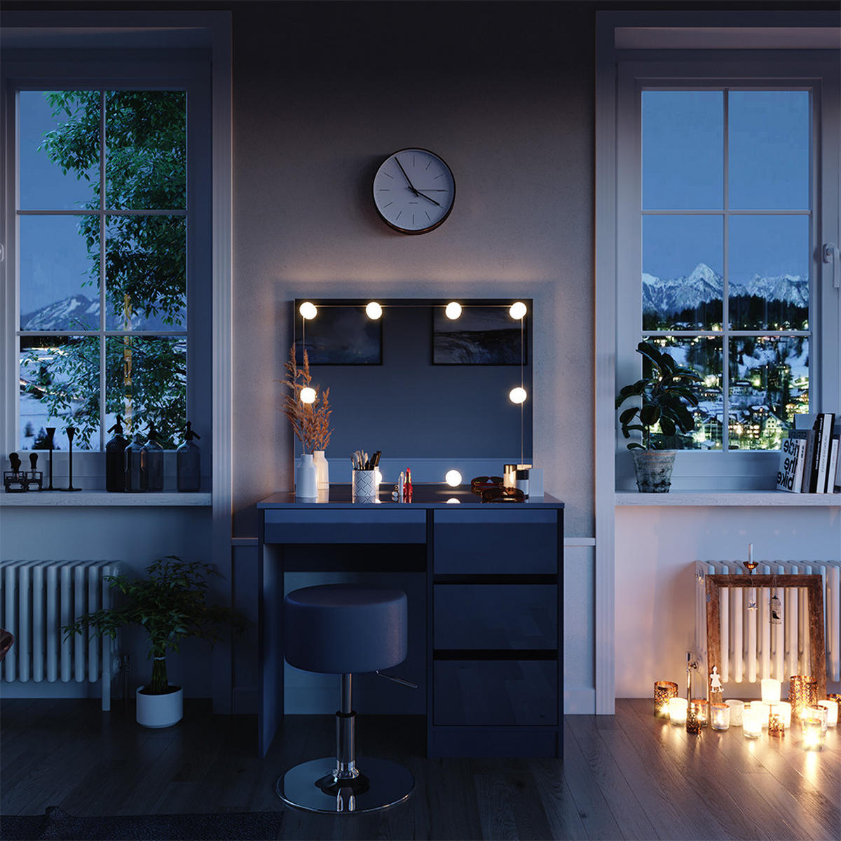 SCHMINKTISCH Sherry Anthrazit 90 cm mit LED Beleuchtung und Hocker - Schwarz Hochglanz/Anthrazit, Holzwerkstoff (90/75/40cm) - Vicco