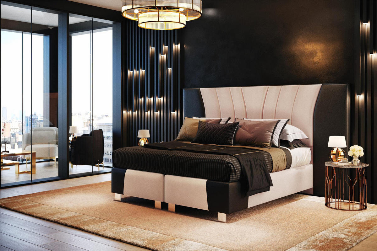 BOXSPRINGBETT IMPERIAL 160x200 cm, Aus Leder und Velvet Bezug, Schwarz Leder + Beige Velvet - Beige, Leder/Holz (160/200cm) - Trada