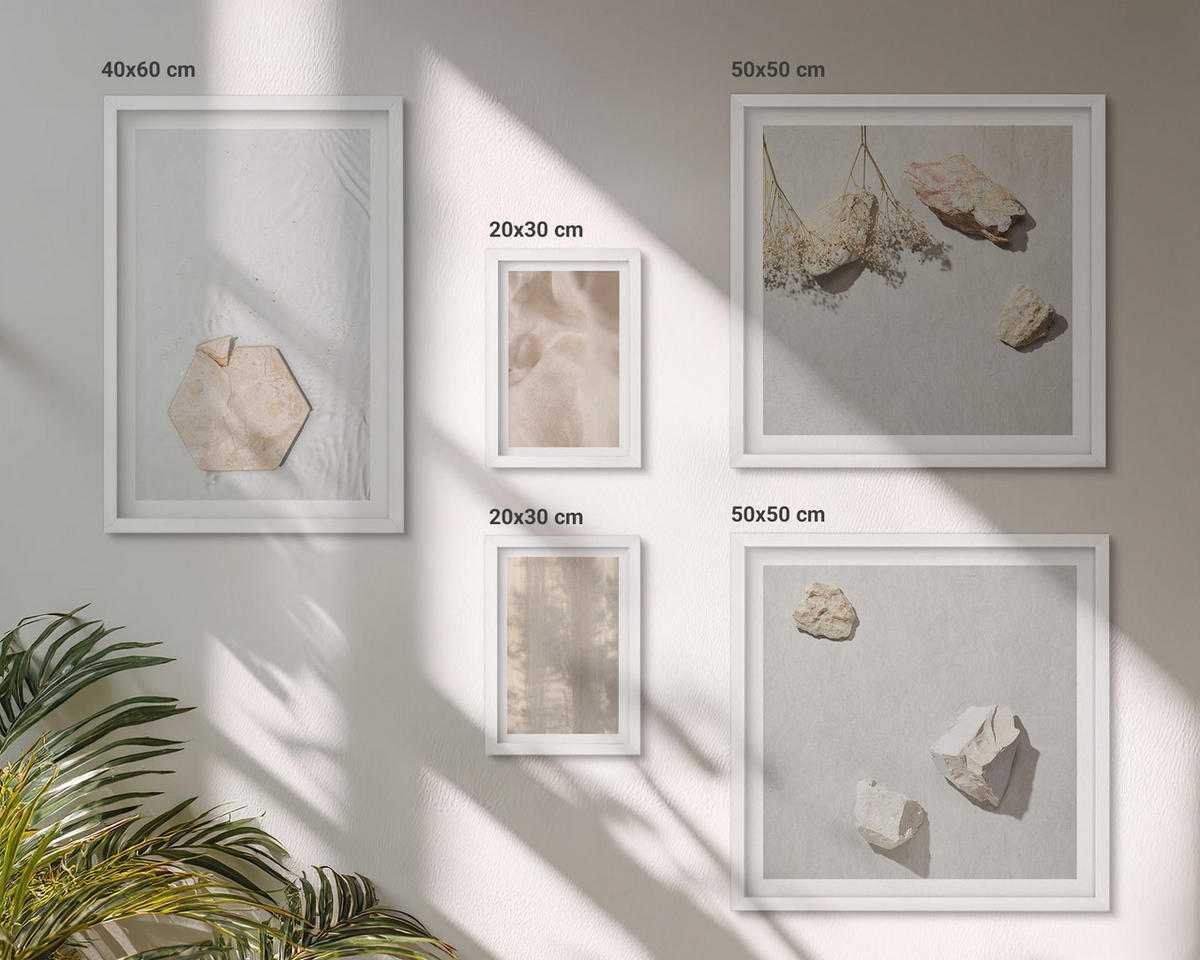 BILDER SET 5er Set - 50x50 cm & 20x30 cm & 40x60 cm Weißer Rahmen - Dezente Boho-Naturtexturen - Weiß, Kunststoff (40/60cm) - TULUP