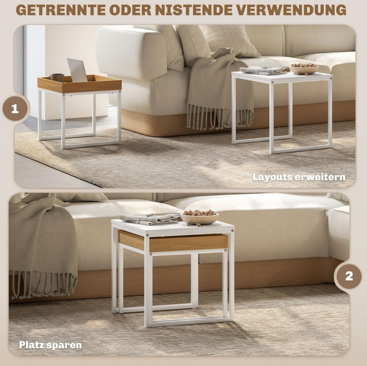 COUCHTISCH-SET 45/45/45 cm & 40/40/40 cm ineinanderschiebbar mit abnehmbarem Tablett und Stahlgestell, Weiß - Weiß, Metall (45/45/45cm) - Redom