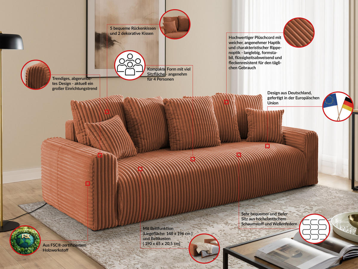 SCHLAFSOFA Calma mit Bettkasten im Bumpy-Design aus weichem Terrakotta Plüschcord - Terracotta/Schwarz, Holz/Kunststoff (239/88/98cm) - S-Style