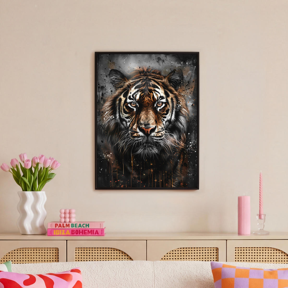 LEINWAND Bilder mit Rahmen - Tiger - Tiere - Porträt - Luxus - Schwarz - 50x70 - Braun, Textil (50/70cm) - MuchoWow