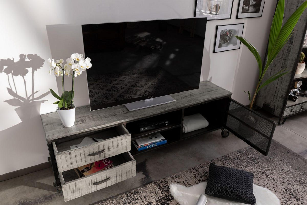 TV-BOARD Mango 190x40x60 grau lackiert HEAVY INDUSTRY #131 - Grau, Holz (190/60/40cm) - Massivmoebel24