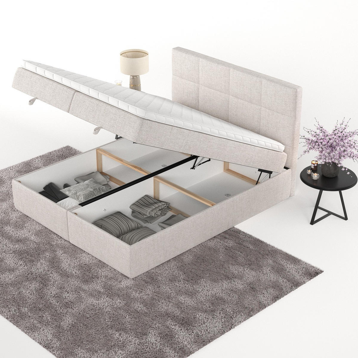 BOXBETT Velto 160/200 cm Hellbeige im Neve Stoff - Sandfarben/Schwarz, Holz/Holzwerkstoff (160/200cm) - AltaBeds