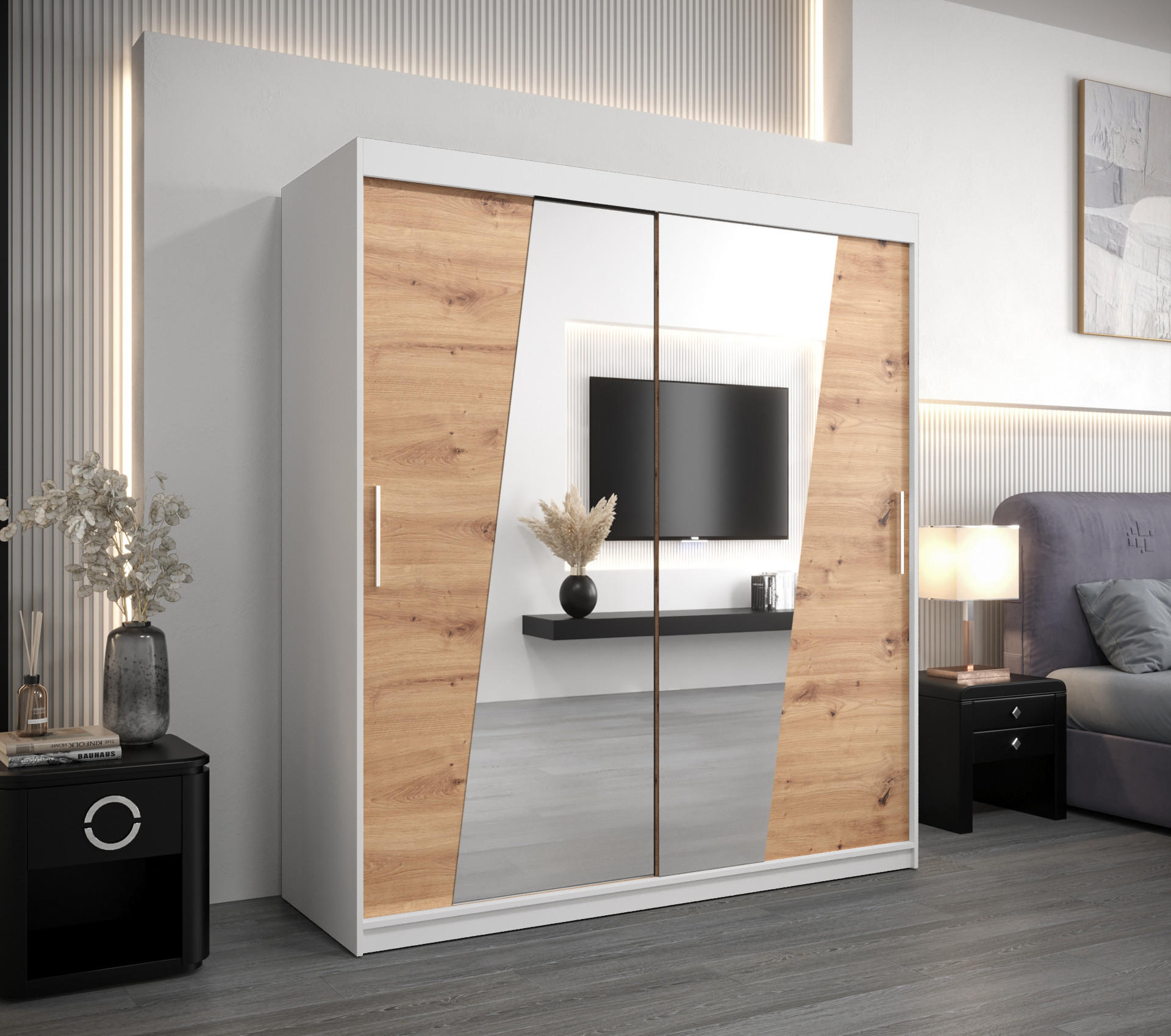 SCHWEBETÜRENSCHRANK 200/180/62 2-türig - Silberfarben/Eiche Artisan, Holz/Kunststoff (180/200/62cm) - Abiks Möbel
