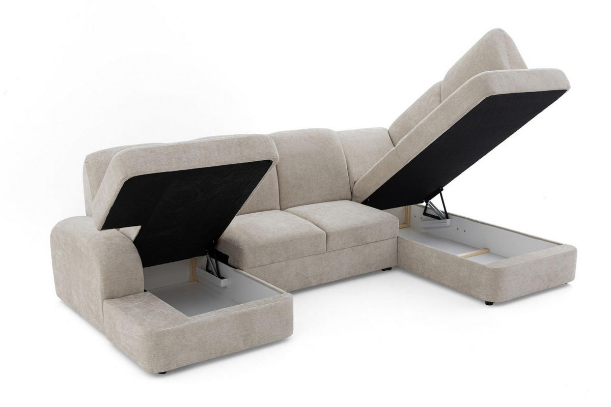 ECKSOFA VIBE U Rechts mit Schlaffunktion 129x263 Chenille Beige - Beige/Schwarz, Holz/Kunststoff (186/102/280cm) - Muffo