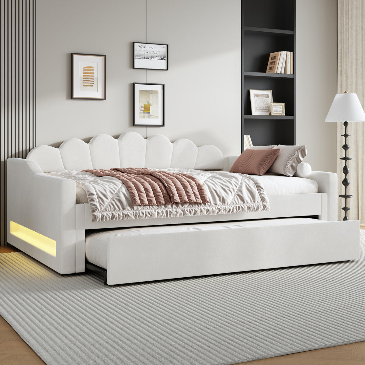 DENNÁ posteľ 140/200 cm béžová z MDF a preglejky s ľanovým čalúnením LED osvetlením a výsuvným lôžkom - béžová, kompozitné drevo (140/200cm) - OKWISH