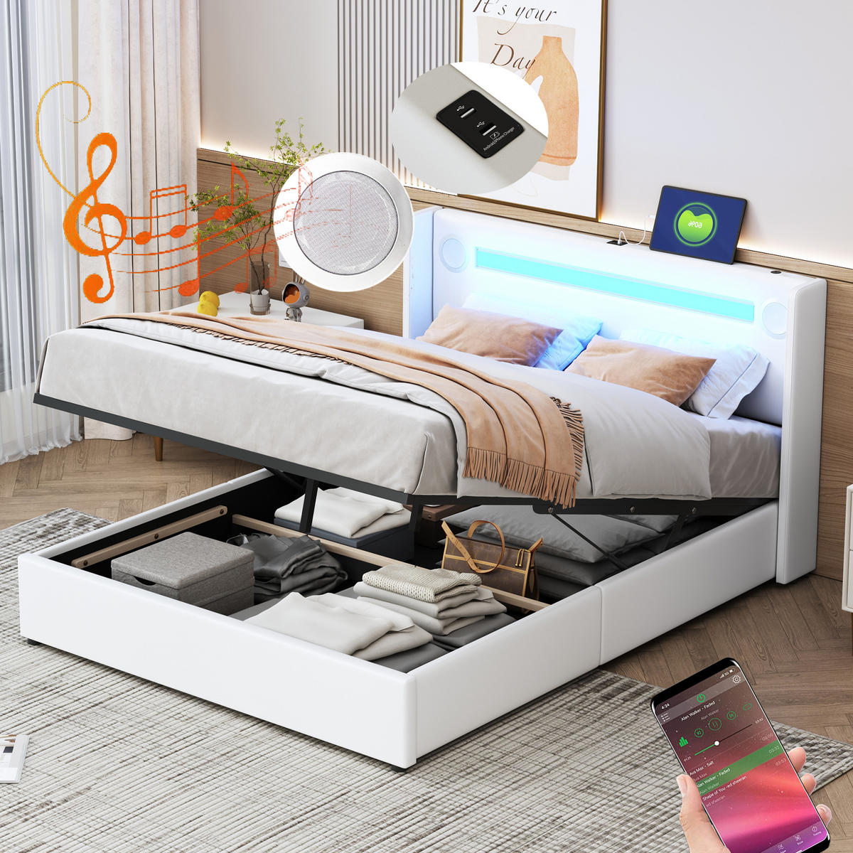 POLSTERBETT 140x200 LED Bluetooth USB Stauraum Weiß - Weiß, Holzwerkstoff - FLIEKS