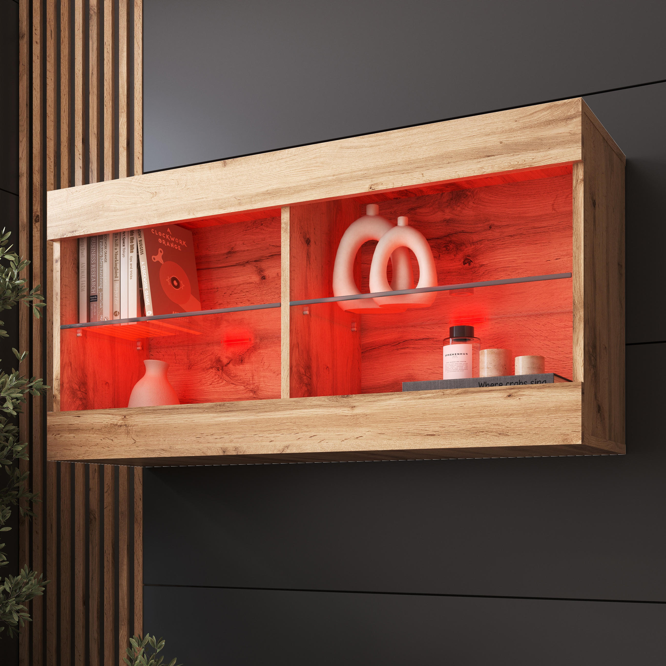 HÄNGEVITRINE TIVOLI HORIZONTAL 100, Wotan, LED Mehrfarbige - Eiche Wotan, Glas/Holzwerkstoff (100/50/29.5cm) - Komodee