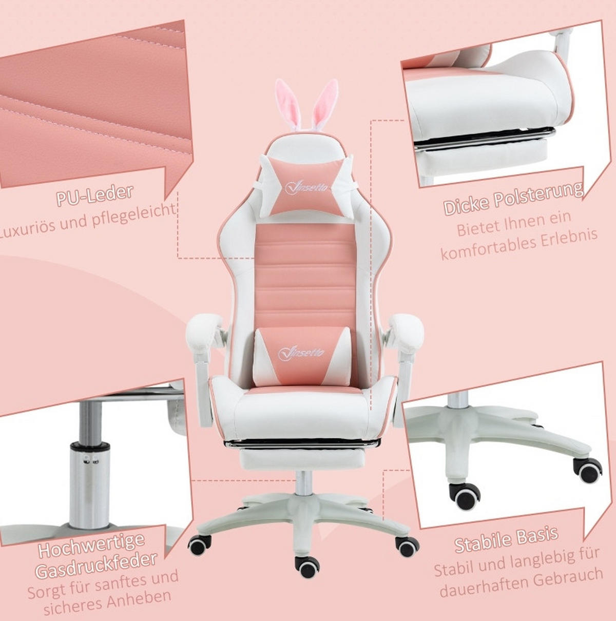 GAMINGSTUHL 65/136-142/63 cm Pink aus Kunstleder mit Fußstütze - Pink, Kunststoff (63/142/65cm) - OKMYHOME