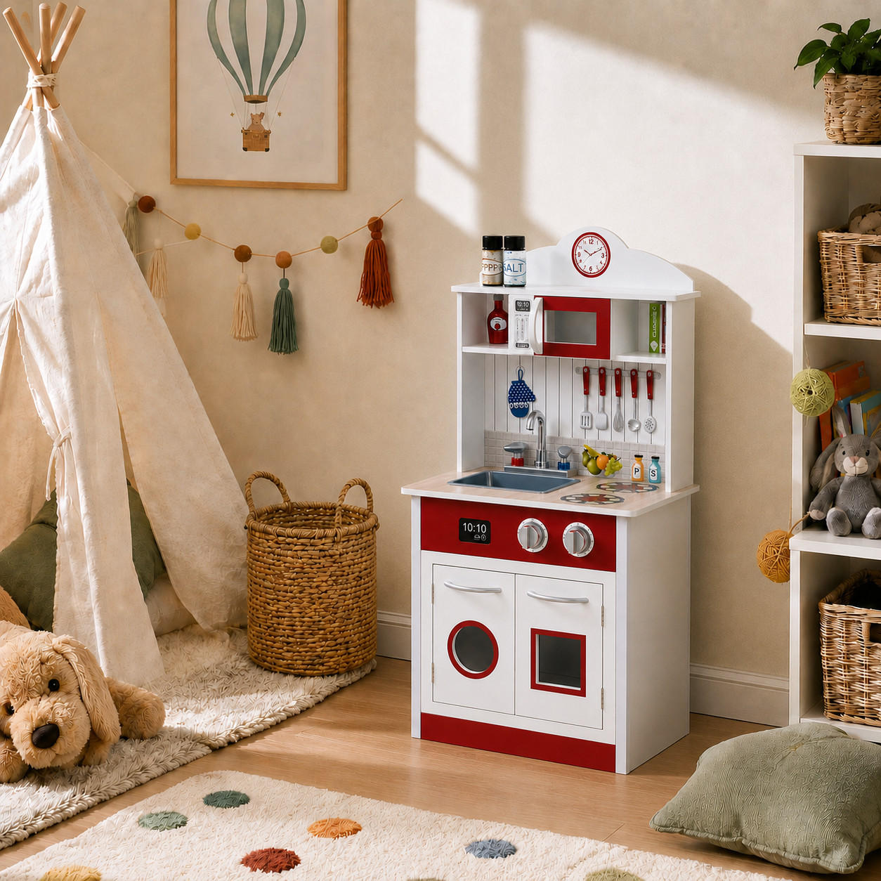 KINDERKÜCHE Spielküche, Rot/Weiß, 93cm - Rot, Holzwerkstoff (48/32/93cm) - Teamson Kids