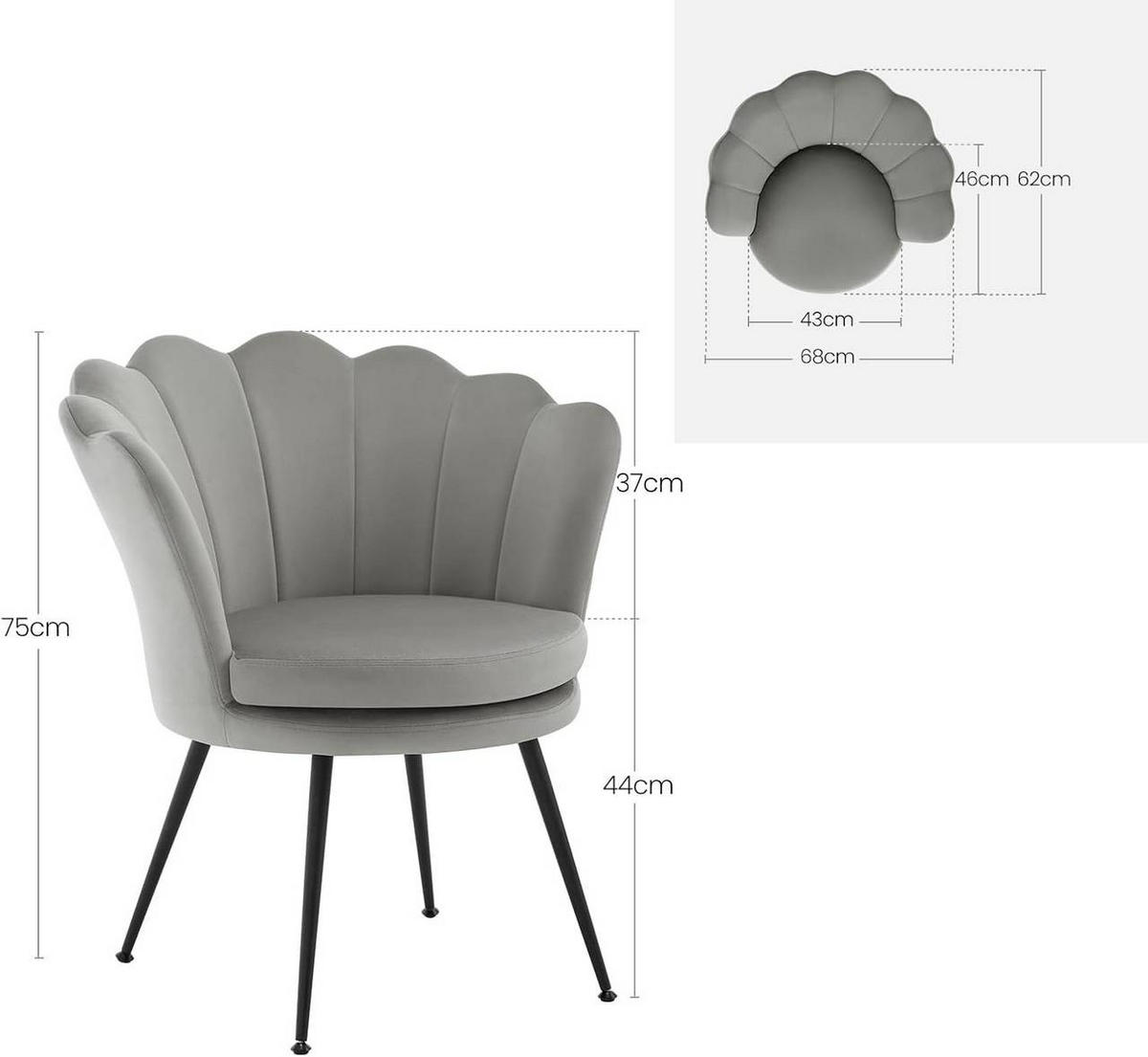 RELAXSESSEL Blumenform, Samtbezug, Grau - Schwarz/Grau, Textil/Metall (68/75/62cm) - Woltu