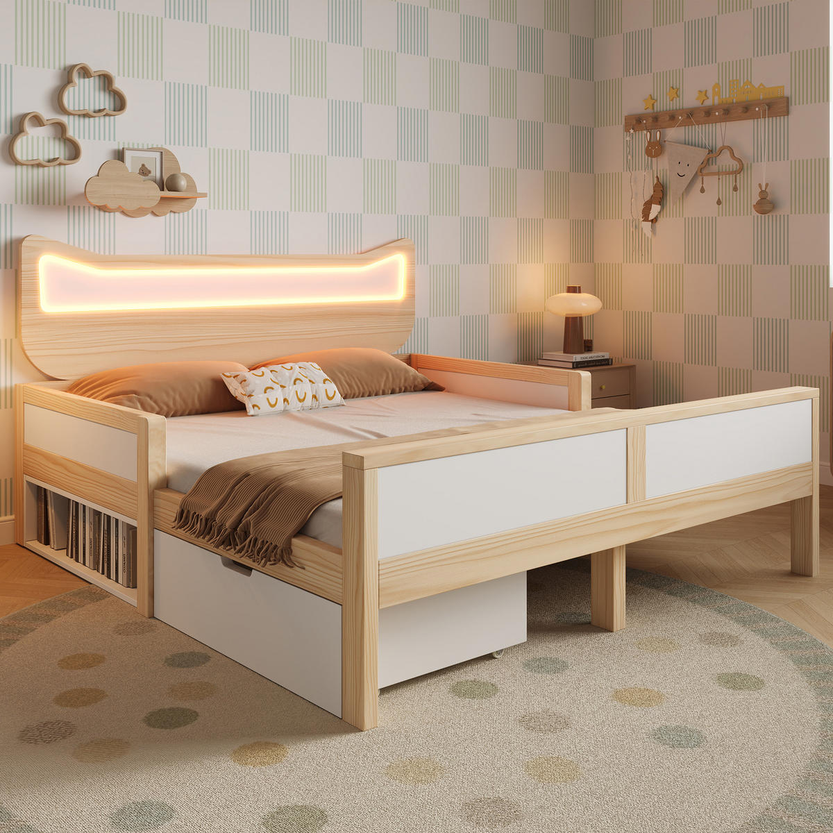 BETT mit Katzenkopfteil und LED 140x200 cm Weiß/Eiche mit Schublade - Weiß, Holz (140/200cm) - Meubliv