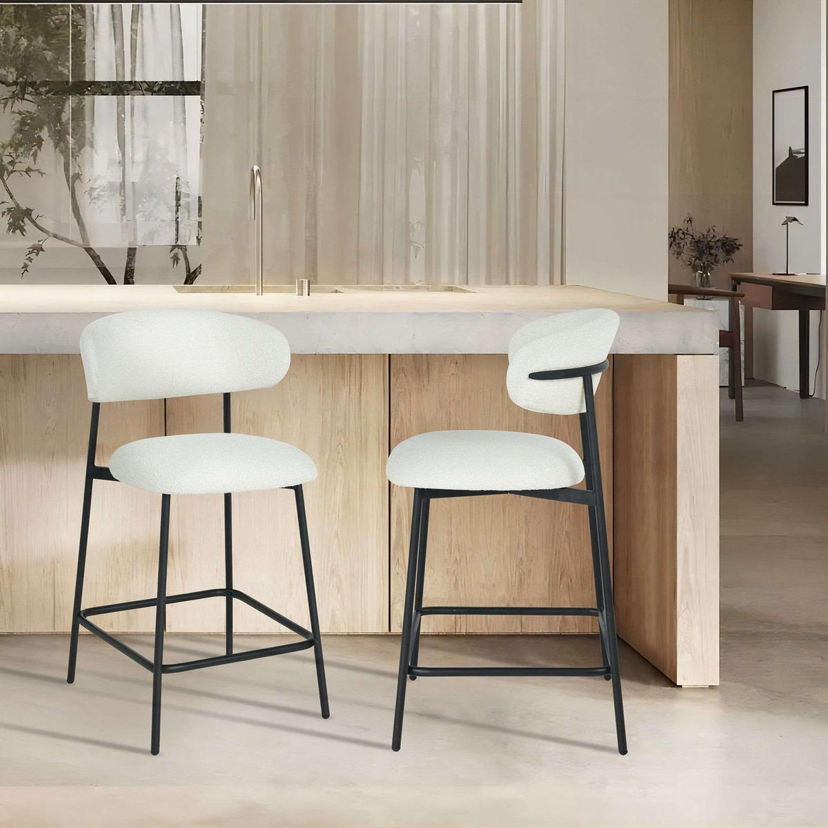 BARHOCKER-SET 2 Stück in Teddystoff - Schwarz/Weiß, Textil/Metall (52/103/50cm) - Furnhouse