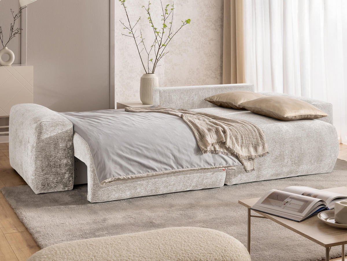 ECKSOFA Puffy mit Schlaffunktion und Bettkasten - besonders weich und puffig aus Beige Stoff mit Chenillestruktur - Ottomane rechts - Beige/Schwarz, Holz/Kunststoff (266/138cm) - S-Style Möbel