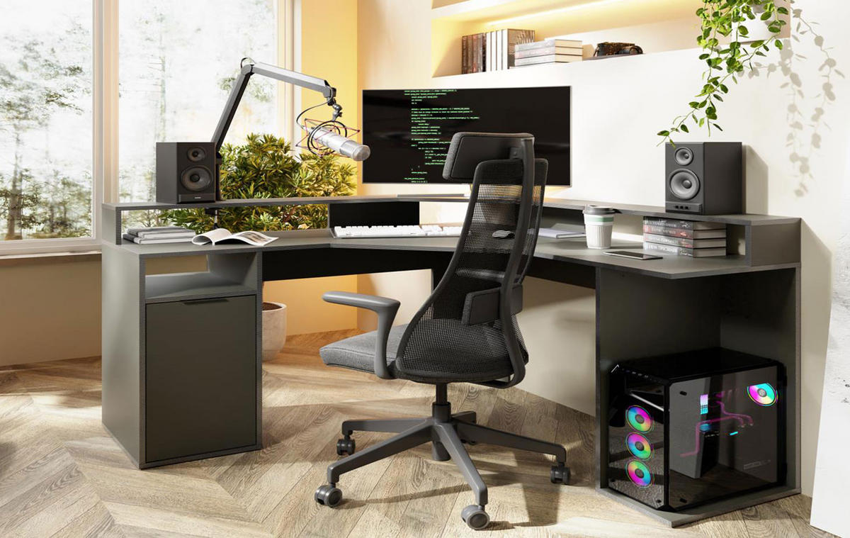 GAMING-SCHREIBTISCH Carbon graphitgrau 139 / 139 / 89cm - Graphitfarben, Holz/Holzwerkstoff (139/139/89cm) - Feldmann-Wohnen