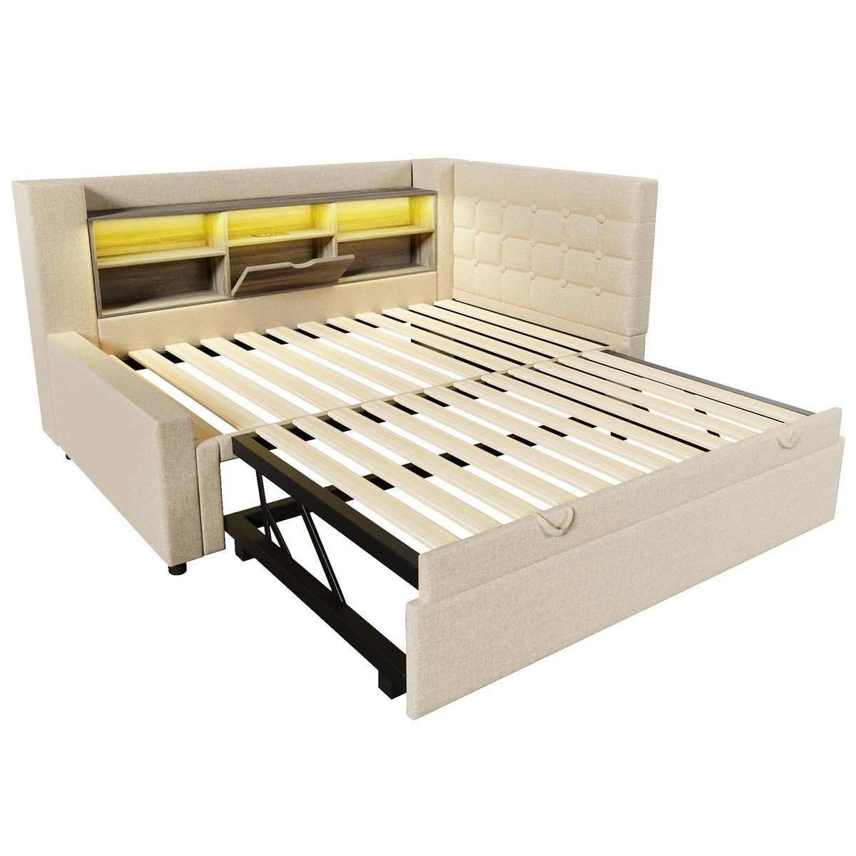POLSTERBETT 90×200 cm aus Leinen-Stoff und Metall mit LED-Beleuchtung und USB-C-Ladefunktion, beige - Beige, Textil (90/200cm) - Luhomfu