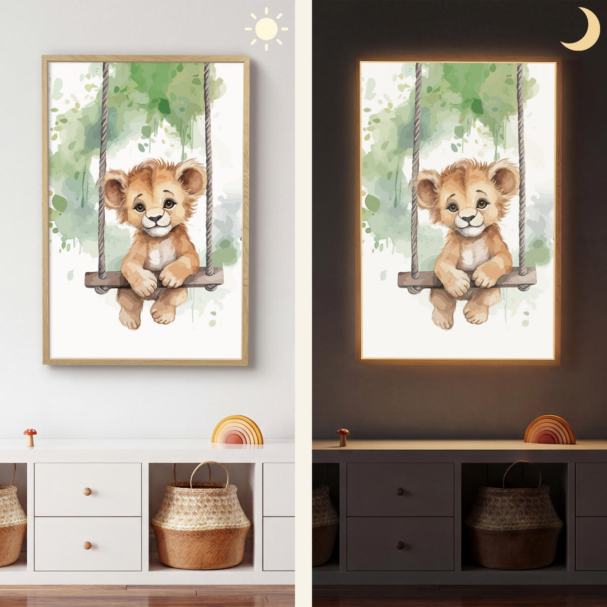 WANDLEUCHTE MIT AKKU Löwe - Tier - Kinder - Dschungel 60x90 cm - Weiß, Holzwerkstoff (60/90/8cm) - OnlyWow